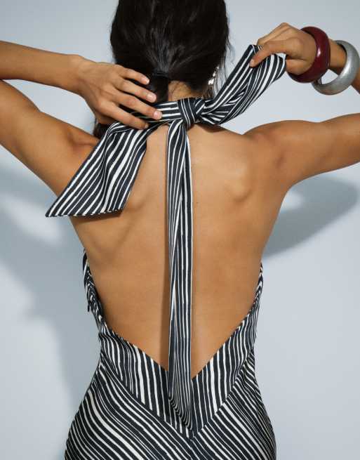 Pretty Lavish Jemima halter neck open back maxi dress in black and cream stripe, 2 of 8