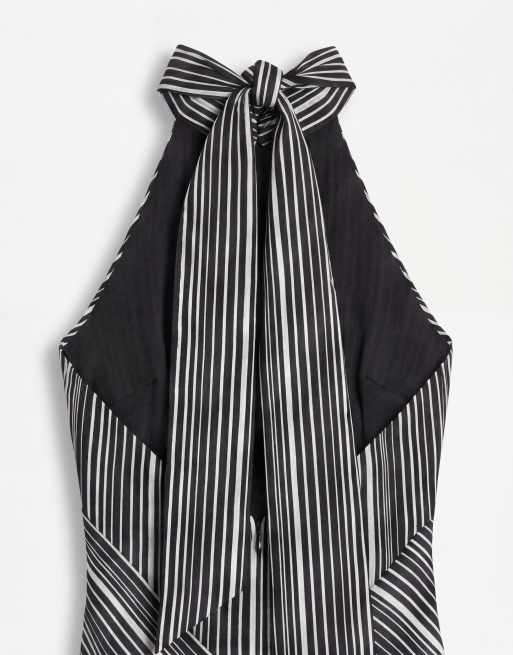 Pretty Lavish - Jemima - Vestito lungo allacciato al collo aperto dietro nero e panna a righe, 7 di 8