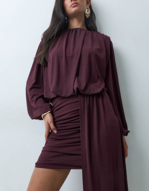Pretty Lavish jersey draped sash detail mini dress in fig, 2 of 5