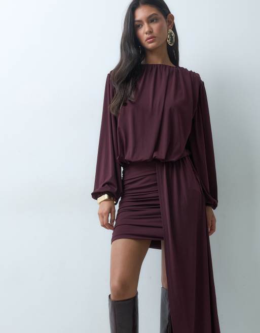 Pretty Lavish jersey draped sash detail mini dress in fig, 4 of 5