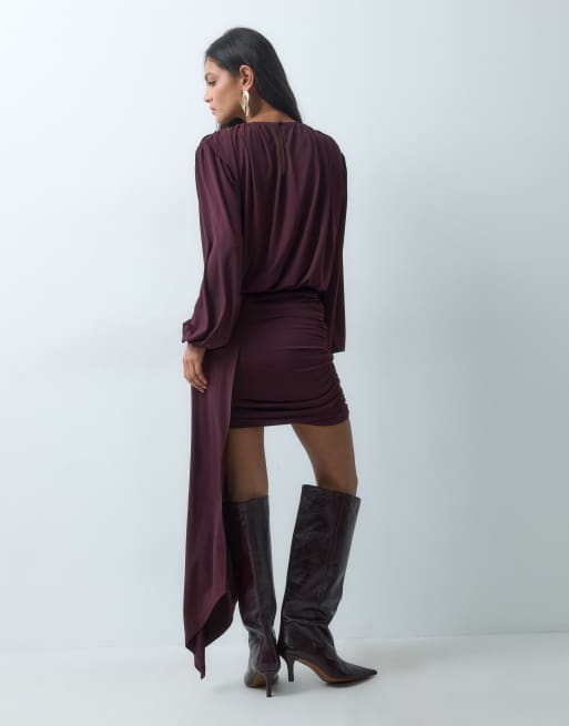 Pretty Lavish jersey draped sash detail mini dress in fig, 5 of 5
