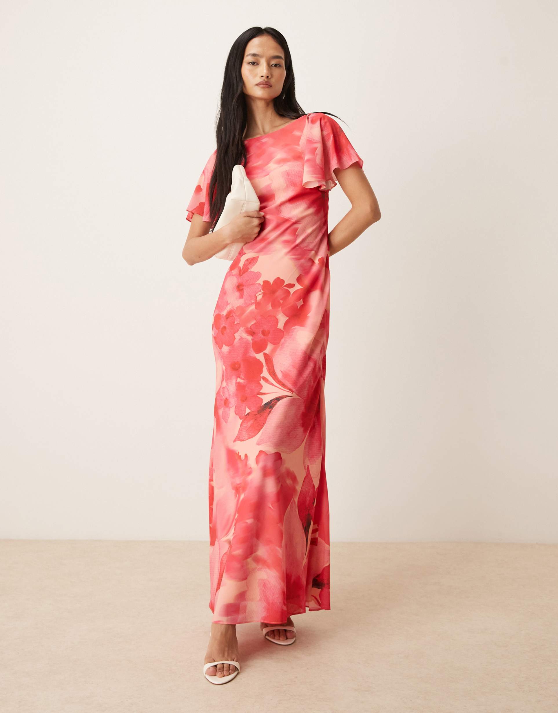 pretty lavish jules flutter sleeve open lace up back maxi dress in red and pink floral