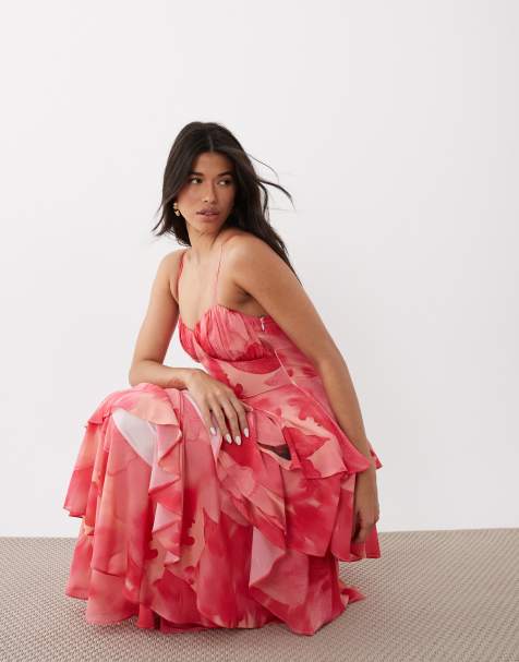 Pretty Lavish - Jules - Vestito lungo rosso e rosa a fiori con maniche con volant e allacciatura sul retro - view 1