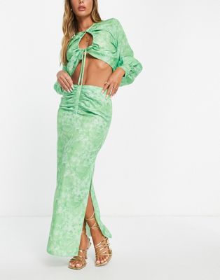 Pretty Lavish ruched midaxi skirt co-ord in green abstract floral - ASOS Price Checker