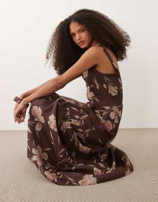 Pretty Lavish Kaia Linen Mix Scoop Neck Maxi Dress With Ruffle Hem In Brown