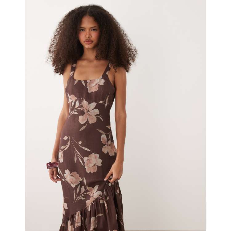 Pretty Lavish Kaia linen mix scoop neck maxi dress with ruffle hem in brown  floral | ASOS