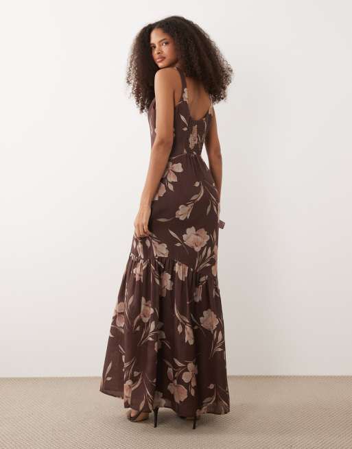 Pretty Lavish Kaia linen mix scoop neck maxi dress with ruffle hem in brown  floral | ASOS
