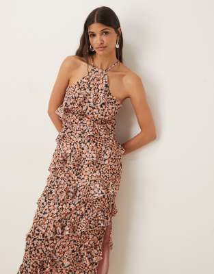 Pretty Lavish Katy Ruffle Midaxi Dress In Brown