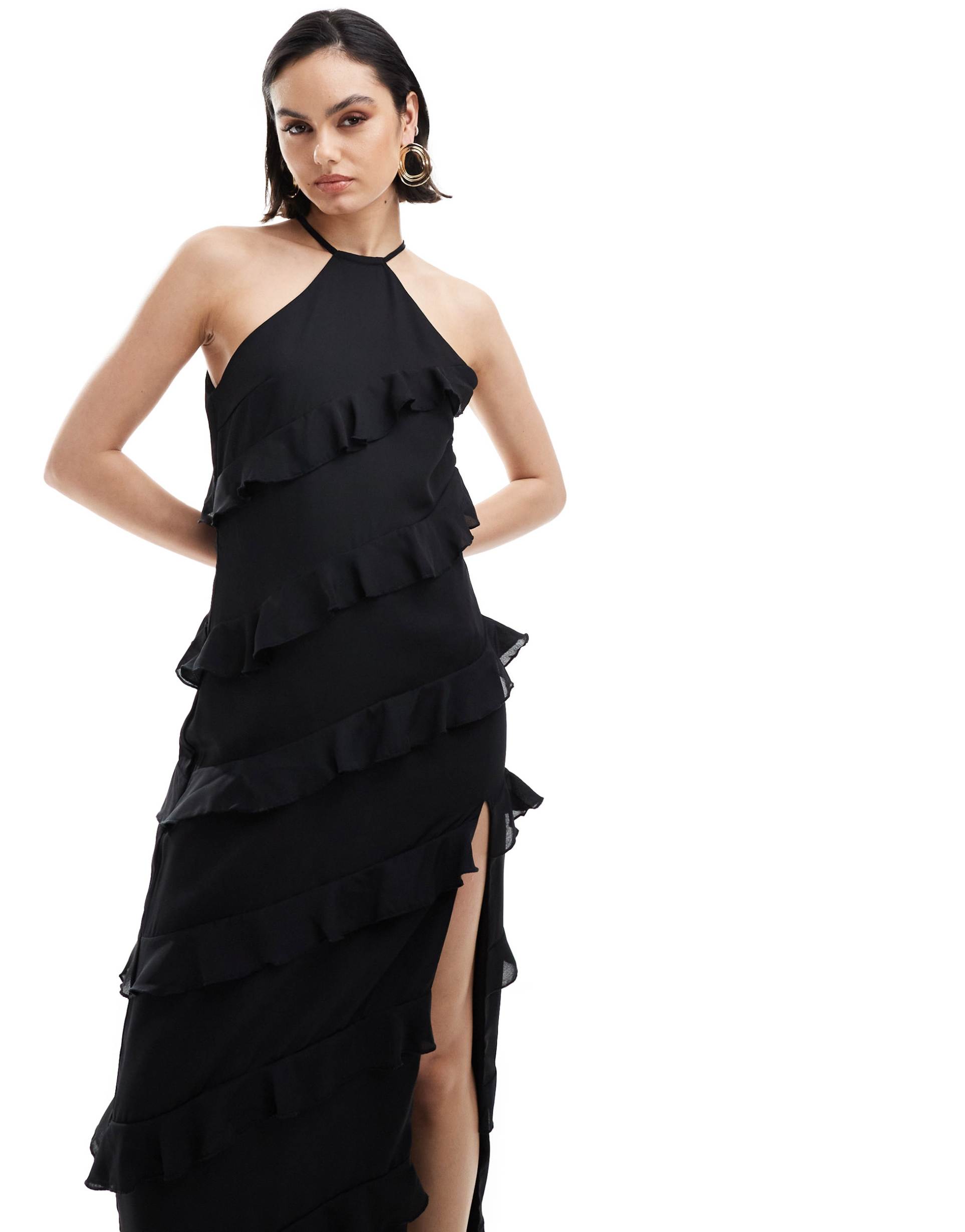 pretty lavish katy ruffle midaxi dress in black