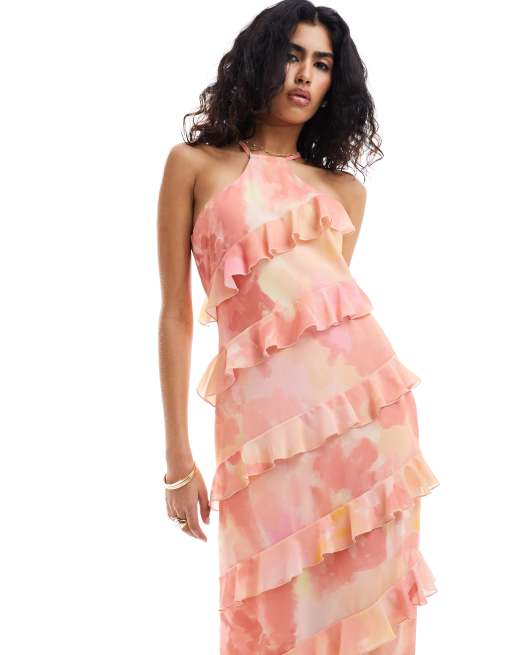 Pretty Lavish - Katy - Vestito lungo rosa a fiori con spacco e volant, 4 di 4