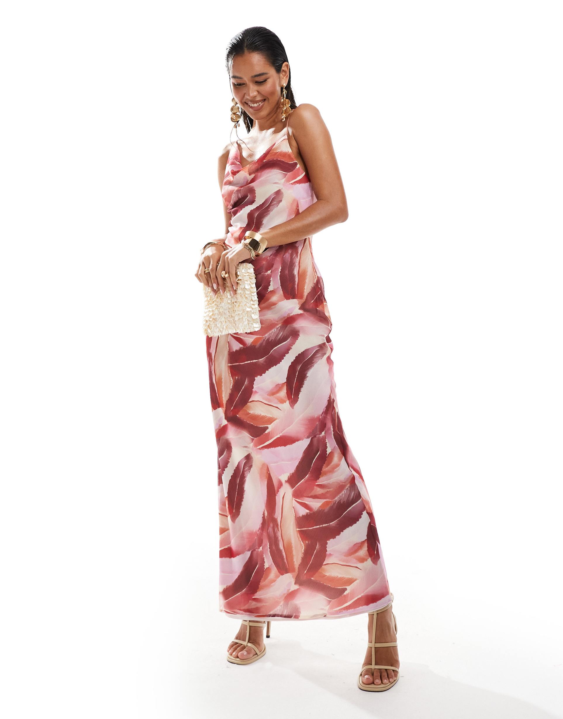 pretty lavish keisha cowl neck maxi dress in feather print