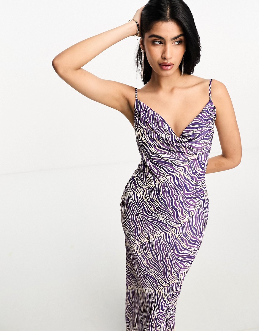 Pretty Lavish Keisha cowl neck maxi dress in iris zebra print-Purple