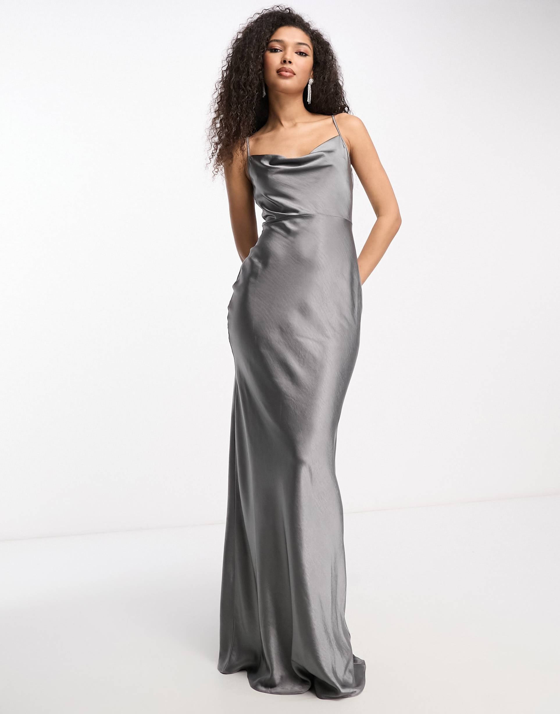 pretty lavish keisha cowl neck satin maxi dress in slate gray
