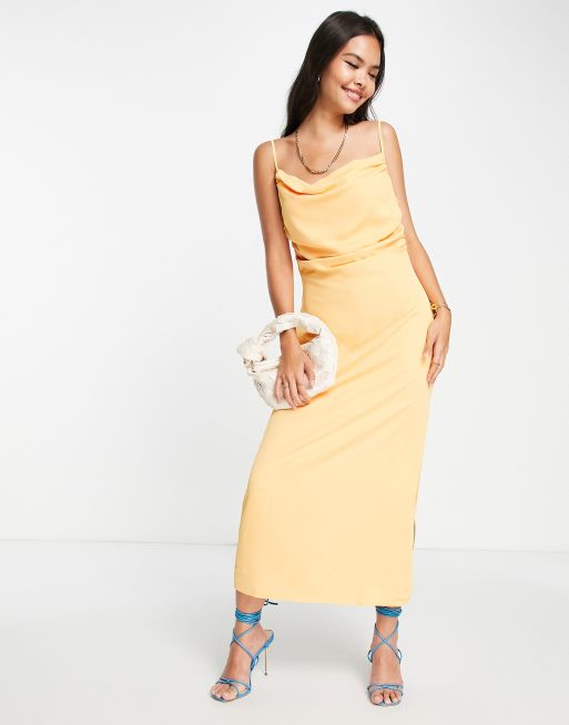 Pretty Lavish one shoulder satin split midaxi dress in orange