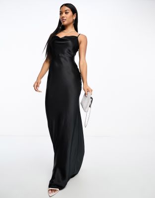 Realtix Maxi-jurk, satijnen strapless jurk voor dames, strakke jurk met lage blote rug, elegante lange jurk voor bruiloftsgasten, Zwart, XL