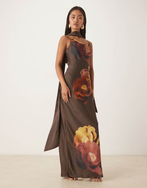 Pretty Lavish Keisha satin cowl neck scarf detail floral maxi dress in brown - view 1