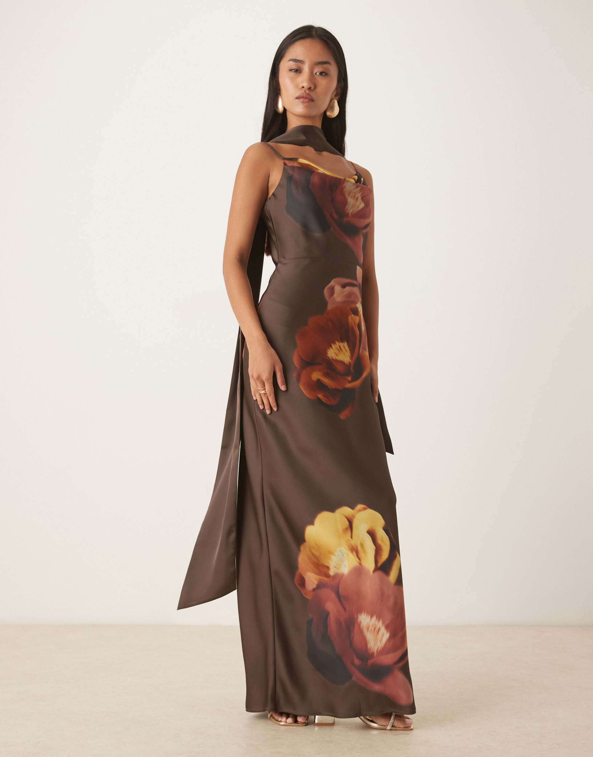 pretty lavish keisha satin cowl neck scarf detail floral maxi dress in brown