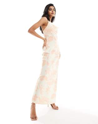 Keisha satin maxi dress in blush abstract leaf-White