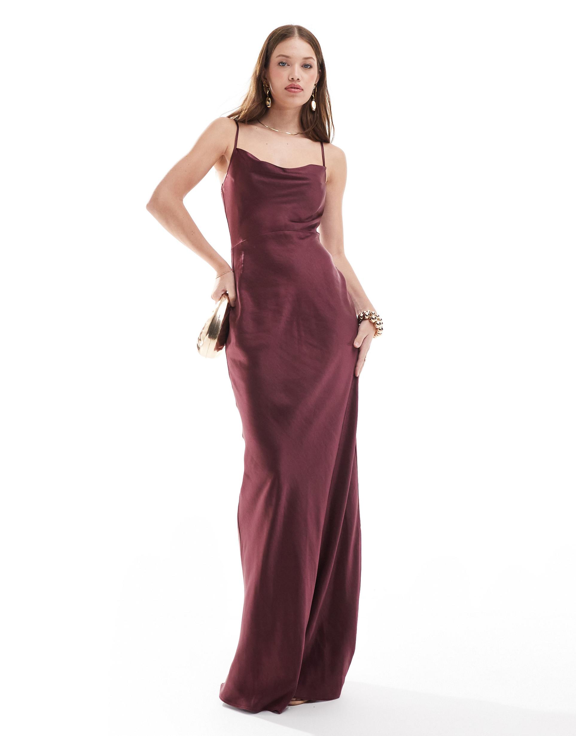 pretty lavish keisha satin maxi dress in plum