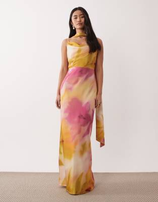 Pretty Lavish Keisha Scarf Cowl Neck Satin Cami Maxi Dress In Multi