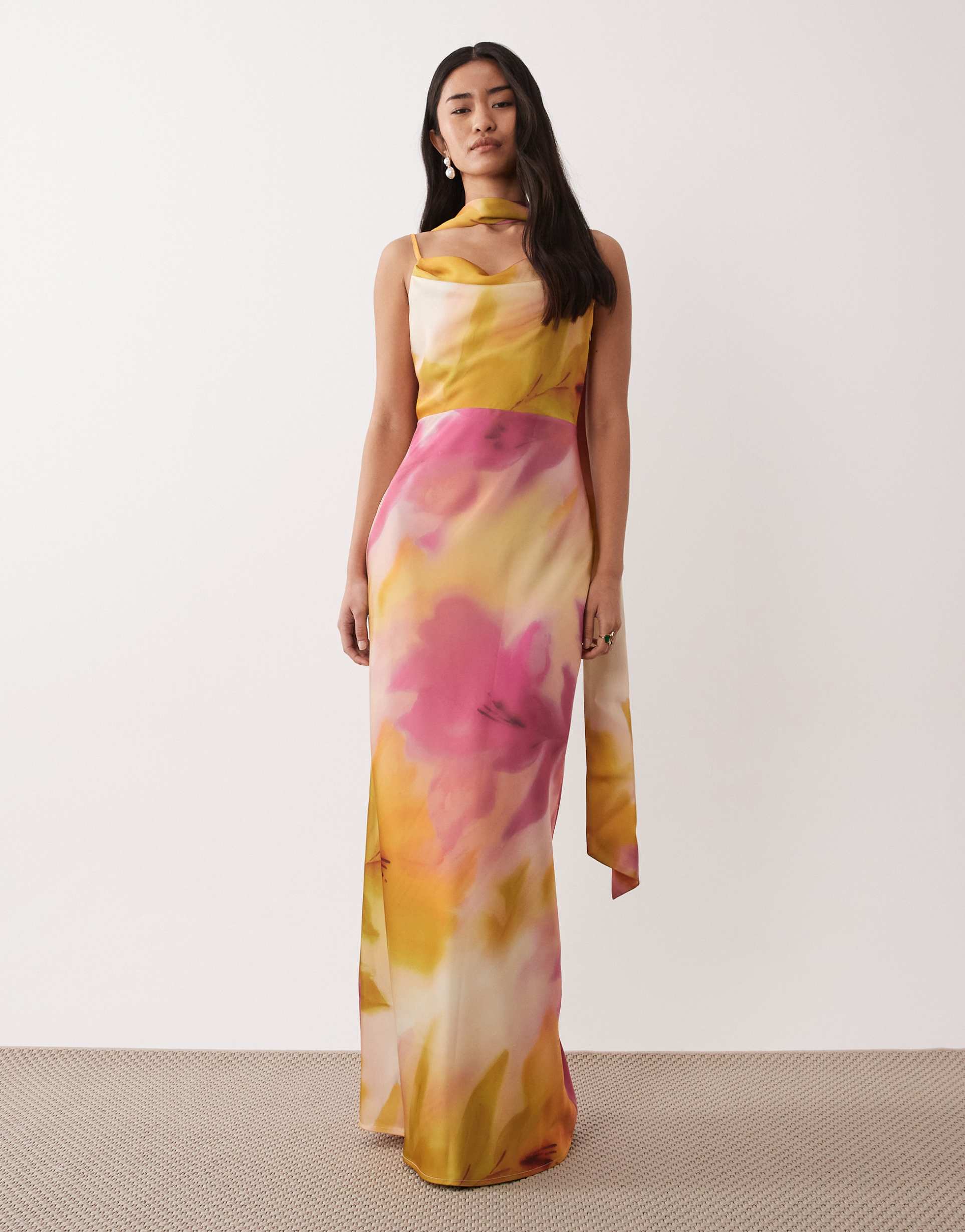 pretty lavish keisha scarf cowl neck satin cami maxi dress in pink watercolour floral
