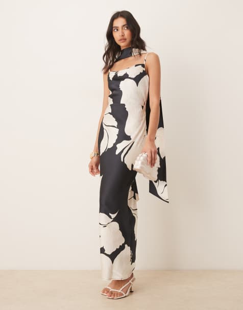 Pretty Lavish Keisha scarf maxi dress in large scale black and white floral - view 1