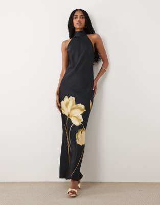 Pretty Lavish Kiara Satin Halter Neck Open Back Maxi Dress In Black
