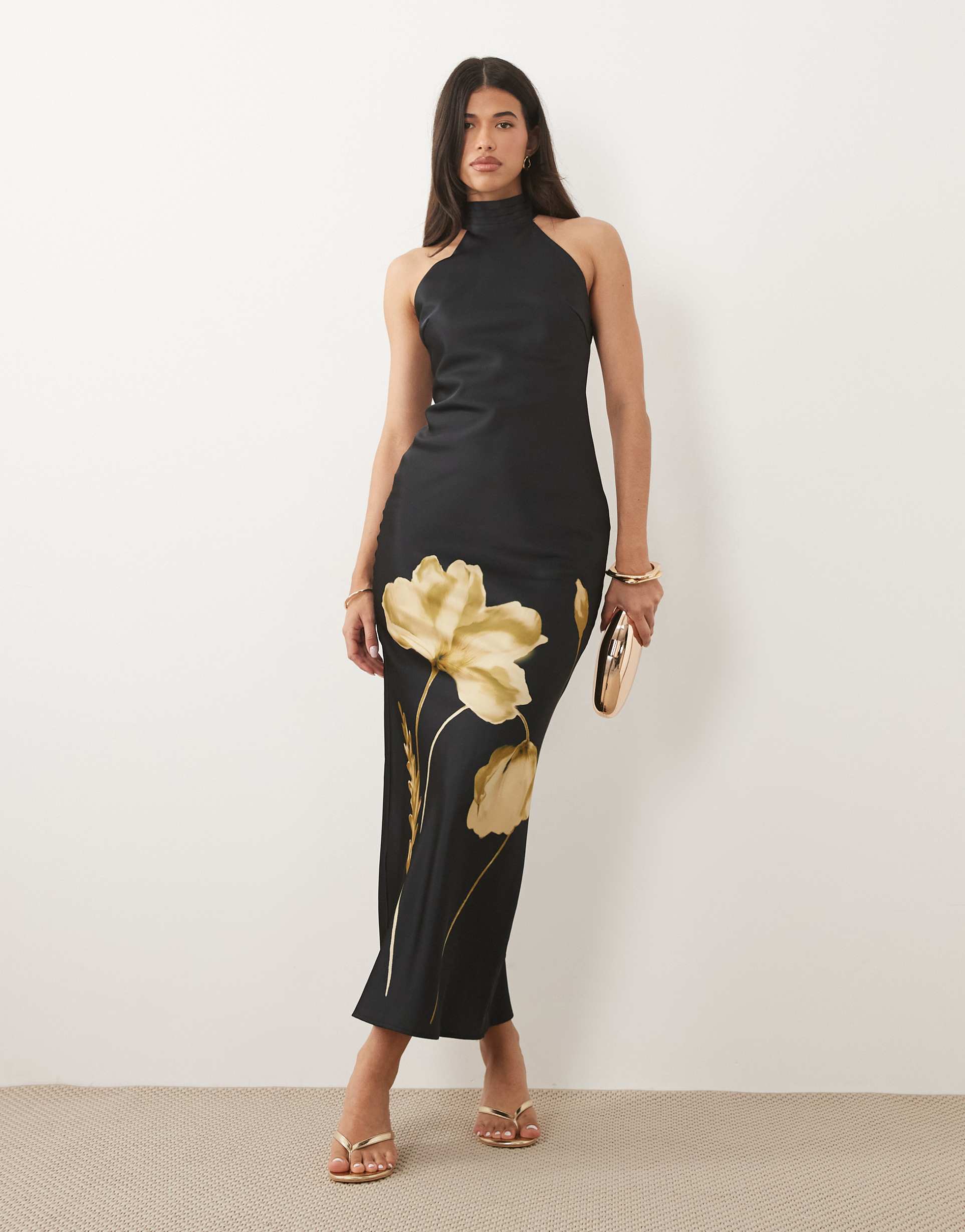 pretty lavish kiara satin halter neck open back maxi dress in black and gold poppy floral