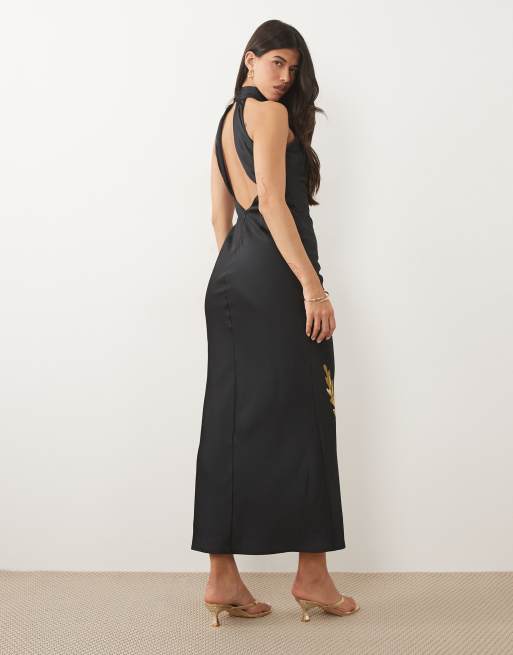 black and gold backless dress Pretty Lavish Kiara satin halter neck open back maxi in poppy floral Color:French Rose vintage Western style elegant black and gold evening gown Jovani 08139 - Stylized tie event