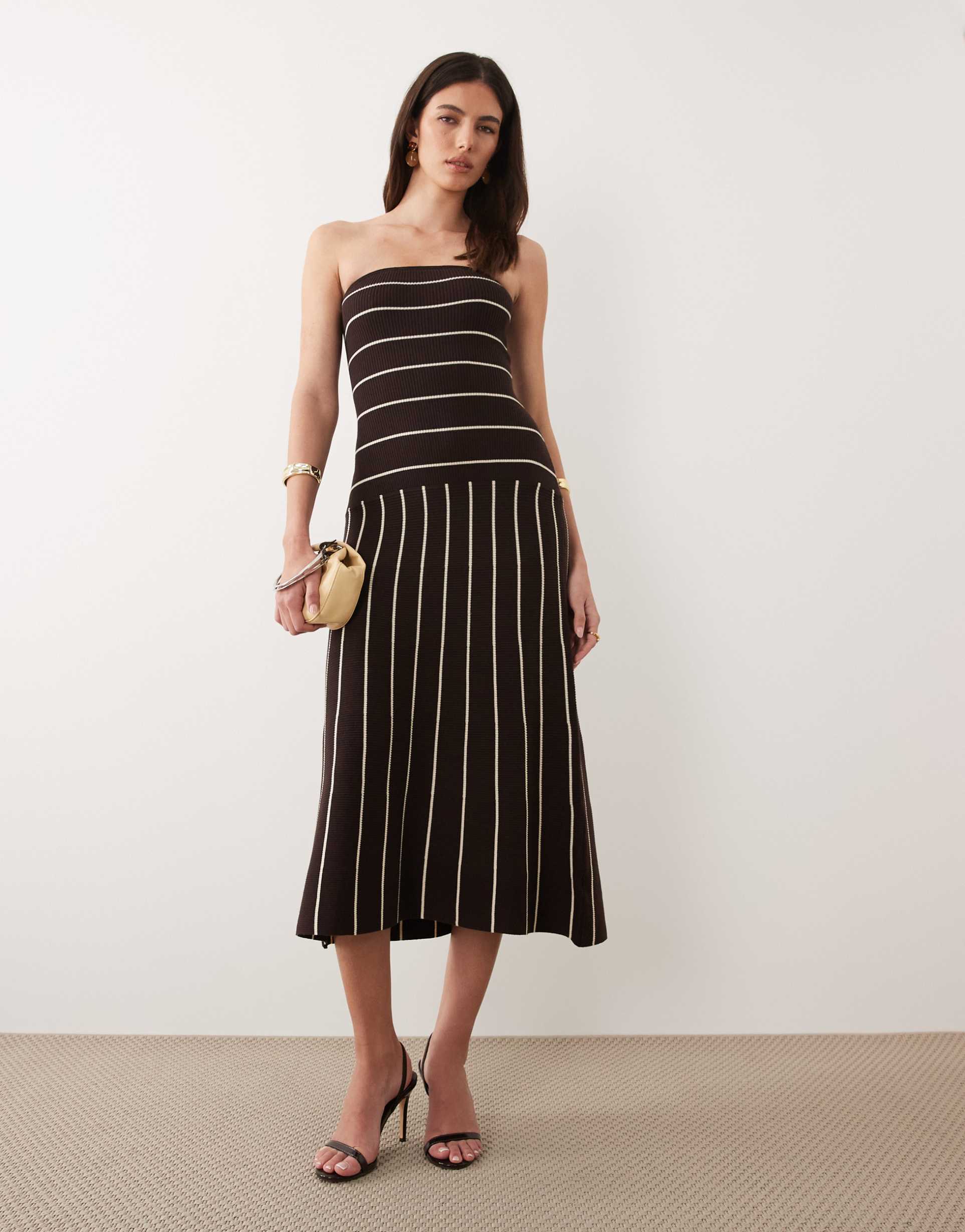 pretty lavish knit bandeau midi dress in brown cream stripe