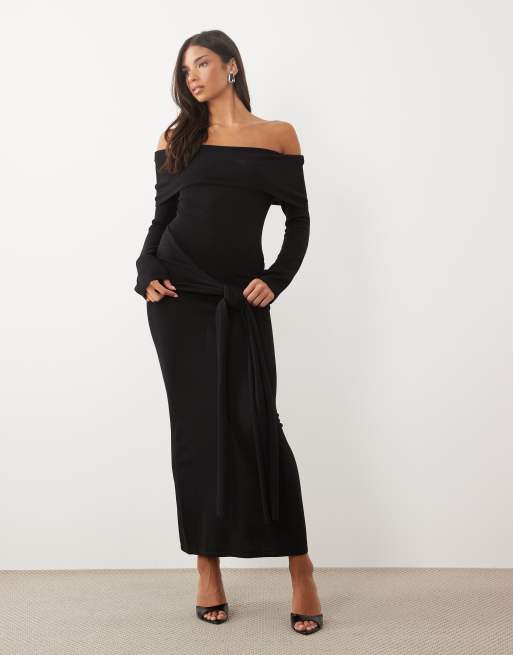 bardot black tie dress Pretty Lavish knit detail maxi in tailored black dress for funeral