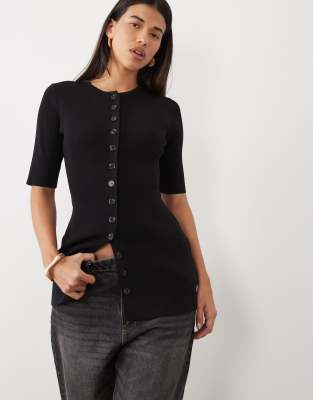 Pretty Lavish Knit Button Down Longline Top In Black