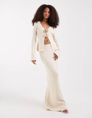 Pretty Lavish knit cardigan with corsage detail and maxi skirt set