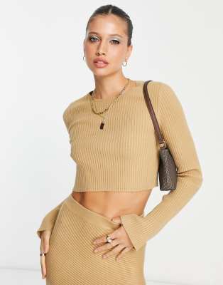 Pretty Lavish Knit Crop Top In Camel - Part Of A Set-neutral