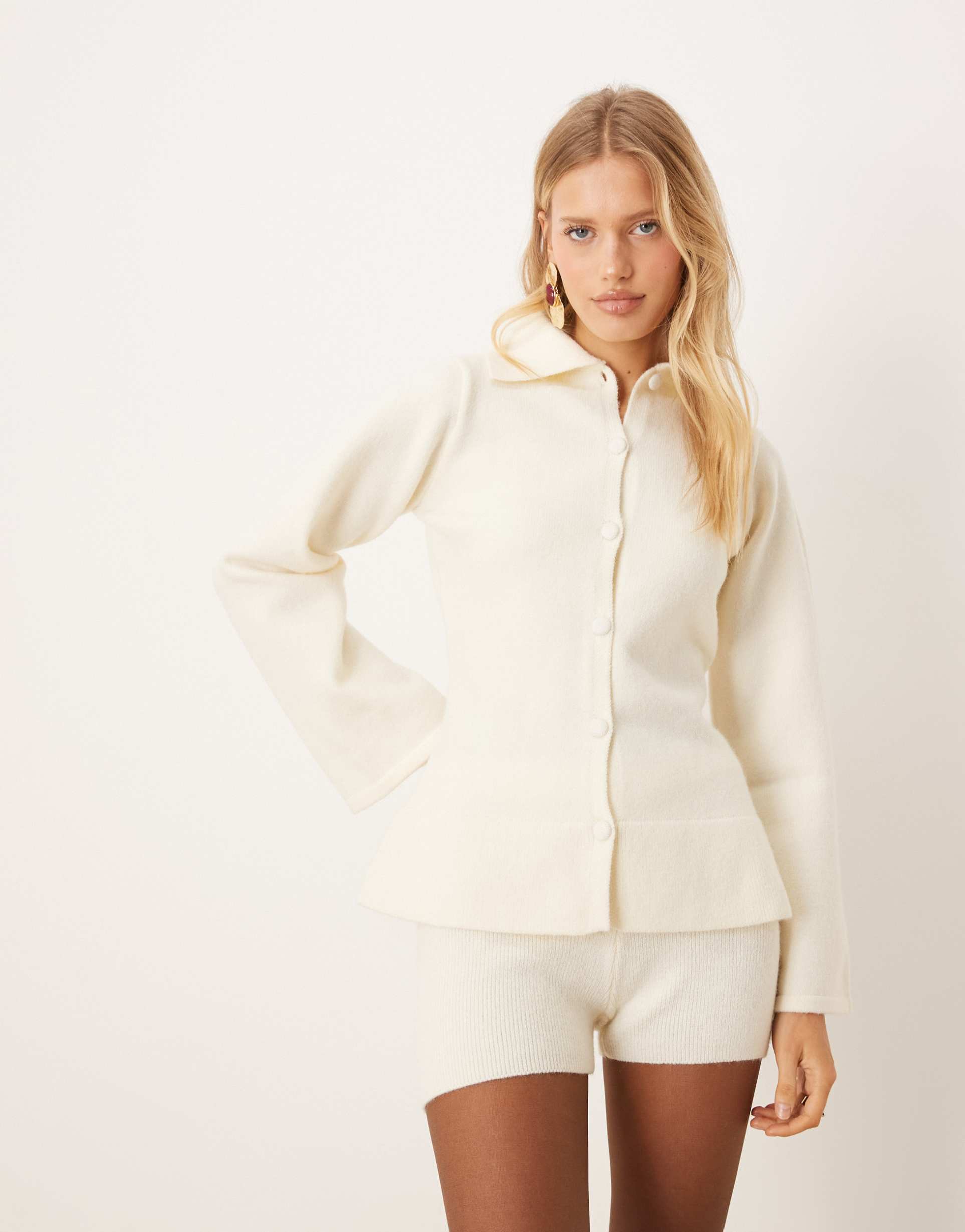 pretty lavish knit exaggerated collar detail cardigan in cream - part of a set