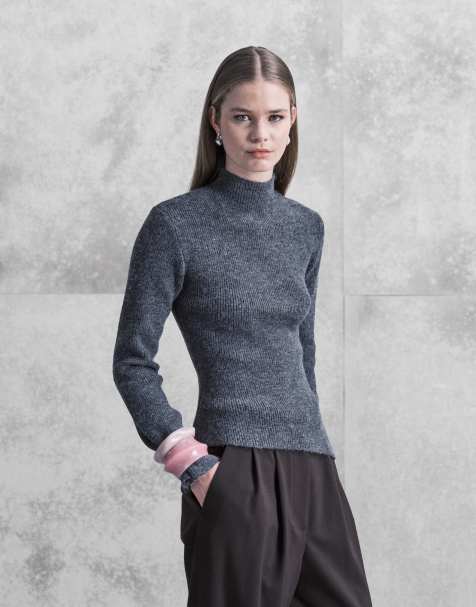 Pretty Lavish knit high neck asymmetric top in gray - part of a set - view 1