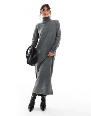 knit high neck maxi dress in charcoal-Gray