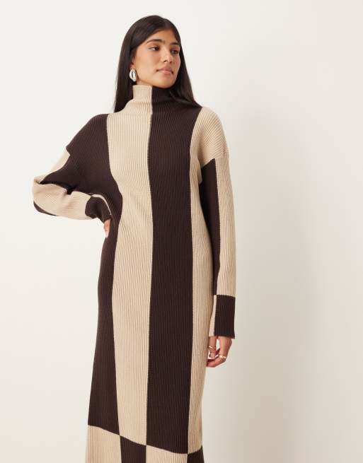 brown striped sweater dress White and Brown Stripe Knit Long Sleeve Button Mini Kaeli Dress XXL