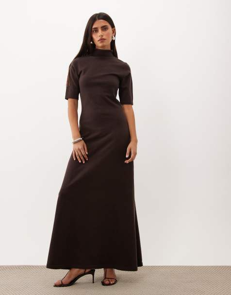 Pretty Lavish knit high neck short sleeve maxi dress in chocolate - view 1