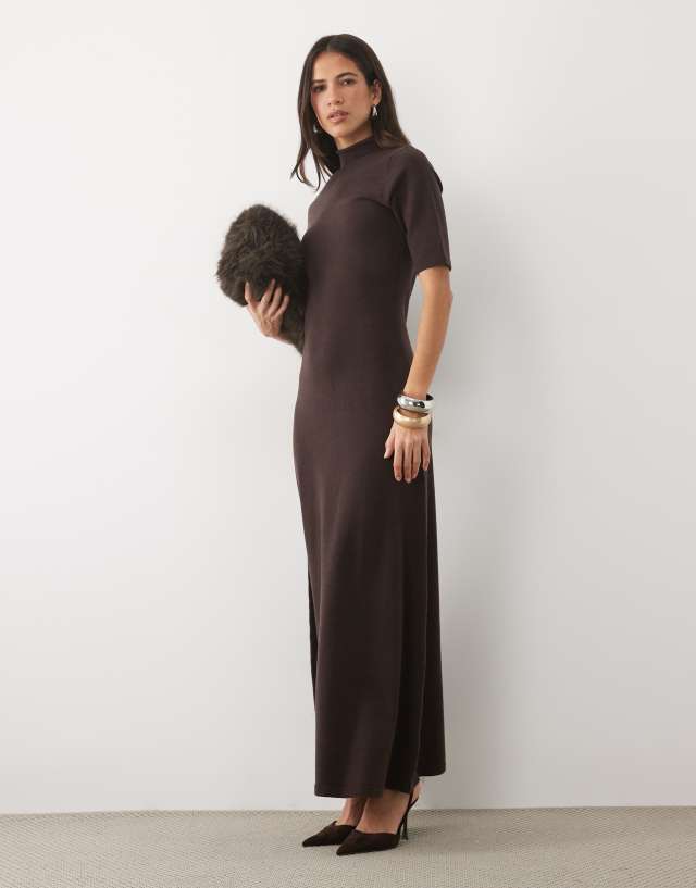 Pretty Lavish knit high neck short sleeve maxi dress in chocolate