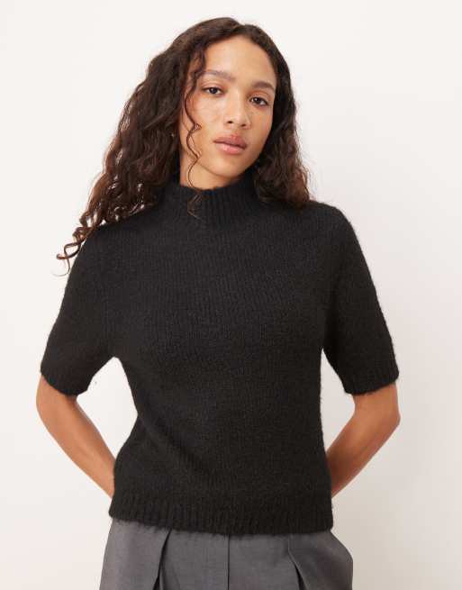 Pretty Lavish knit high neck short sleeve sweater in black