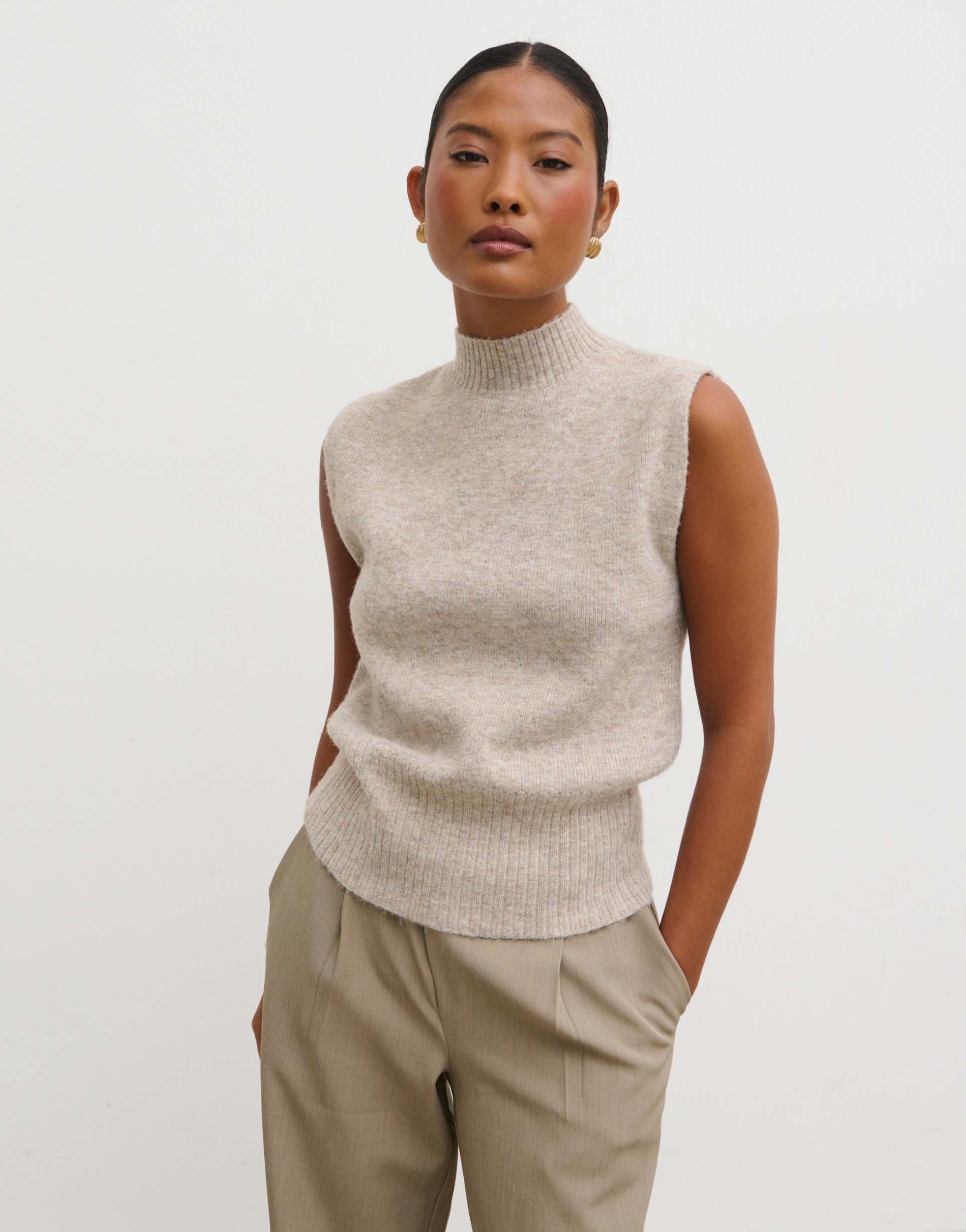 pretty lavish knit high neck sleeveless sweater in stone