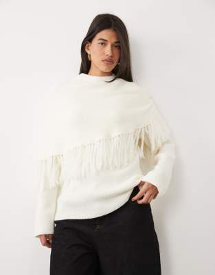 Pretty Lavish Knit Poncho Asymmetric Fringe Detail Sweater In White