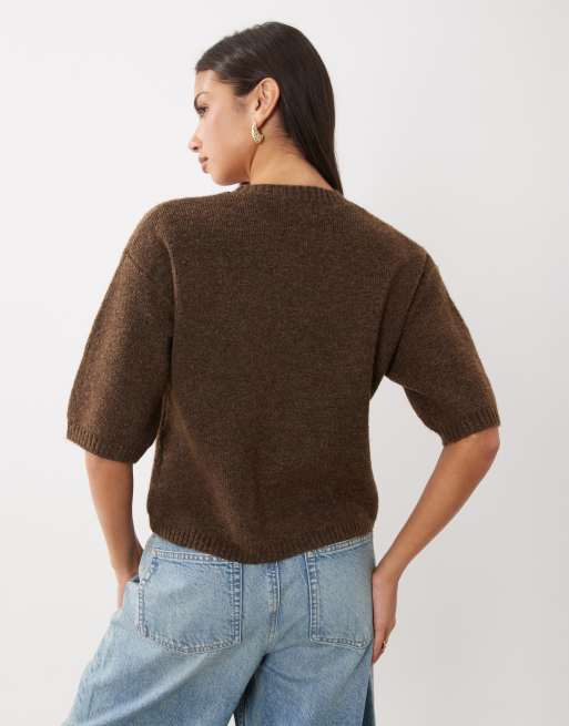 Pretty Lavish knit ribbed crew neck short sleeve top in chocolate, 4 of 4