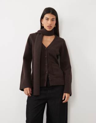 Pretty Lavish Knit Scarf Detail Cardigan In Brown