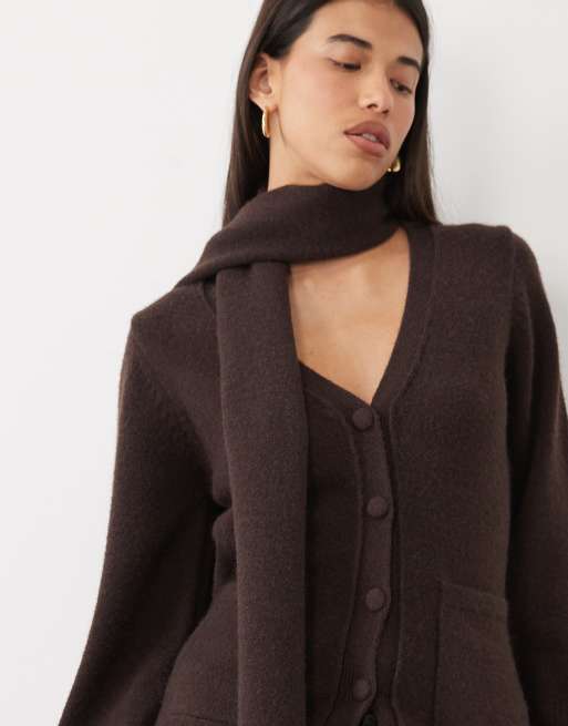 Pretty Lavish knit scarf detail cardigan in chocolate, 2 of 4