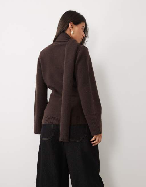 Pretty Lavish knit scarf detail cardigan in chocolate, 3 of 4