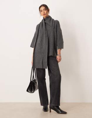 Pretty Lavish Knit Scarf Neck Wide Sleeve Sweater In Gray