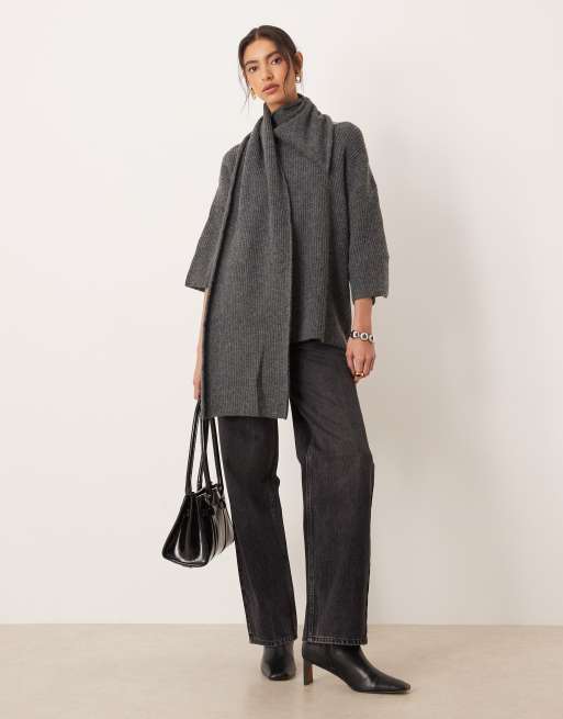 Pretty Lavish knit scarf neck wide sleeve sweater in charcoal, 2 of 4