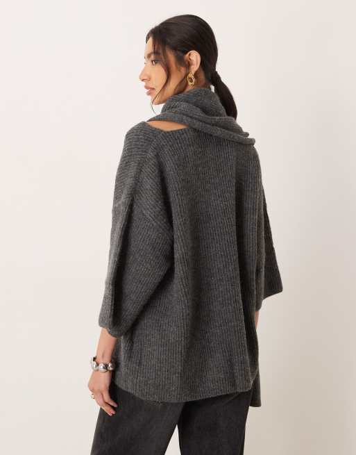 Pretty Lavish knit scarf neck wide sleeve sweater in charcoal, 4 of 4